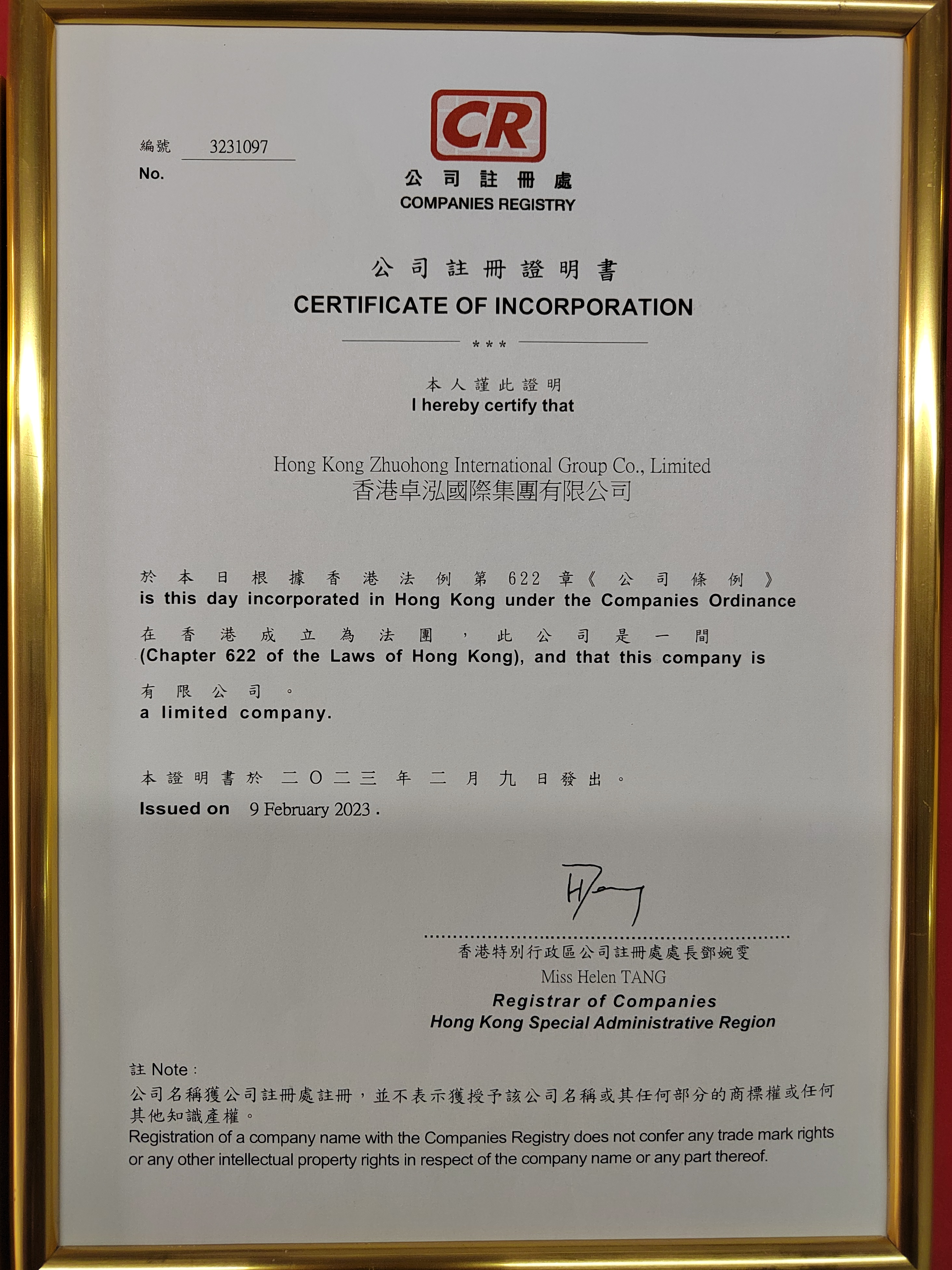 热烈祝贺香港卓泓国际集团有限公司于2023年2月9日成立并正